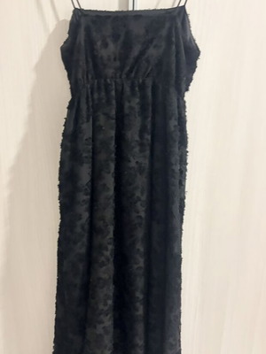 Black evening dress like new, embossed fabric, elastic waist, 7/8 length