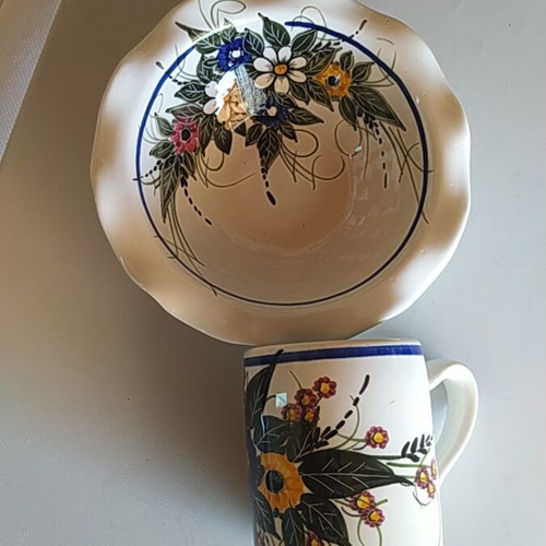 Vintage cup and bowl set used, folk art