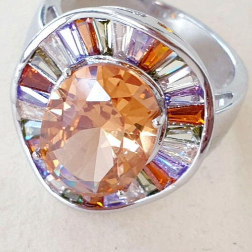 Oval Stainless Steel Ring with Multicolored Cubic Zircon Stones like new