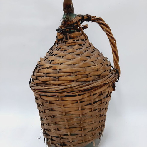 Dame-Jeanne vintage demijohn used, light blue glass with wicker