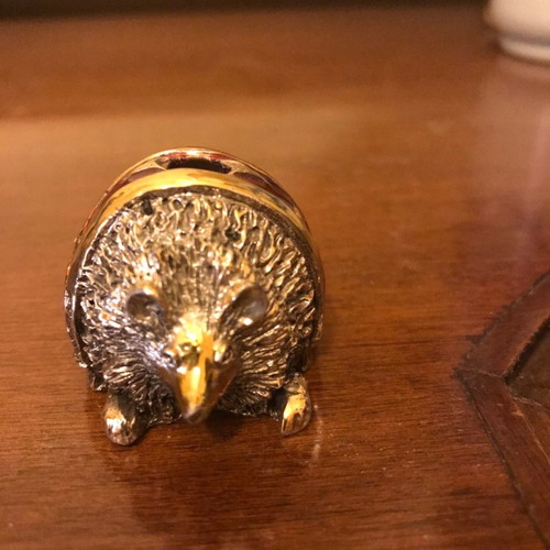 Hedgehog and lion set used, miniature enamel figurines