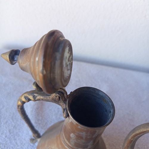 Vintage brass jug with long neck and engraved decoration, 29 cm