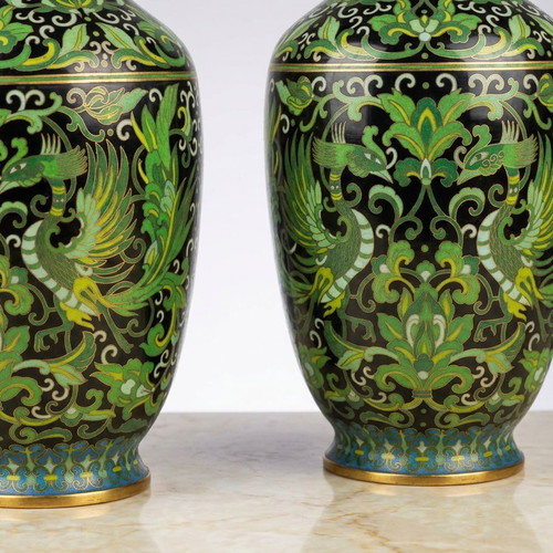 Pair of Cloisonné Vases new, Chinese enamel on black wooden base