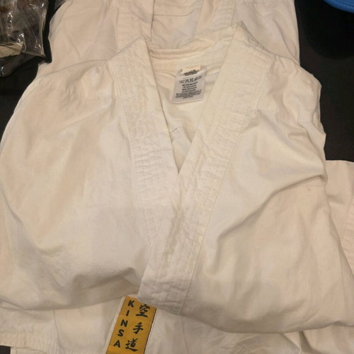 Karate equipment like new with 2 Hayashi and Force 1 suits, 4 belts, gloves, and shin guards