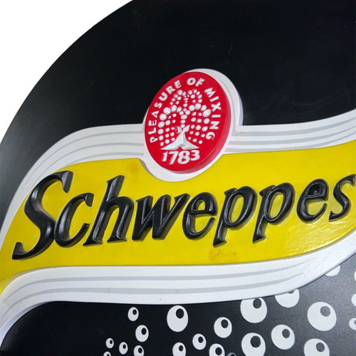 Schweppes wooden sign like new, black lacquer Ø72 cm