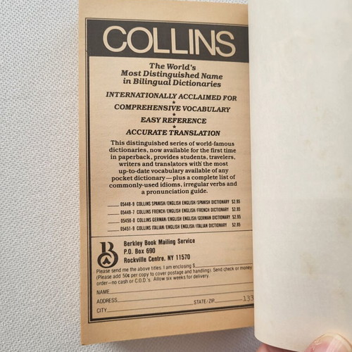 Collins Italian-English English-Italian Dictionary used, bilingual