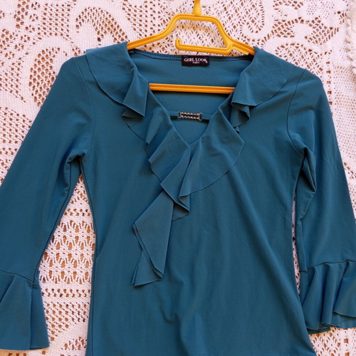 Blouse for girl size S used, shiny petrol fabric, short length