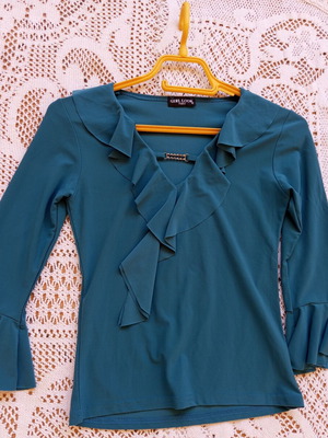 Blouse for girl size S used, shiny petrol fabric, short length