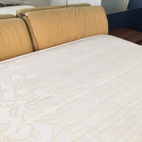 Modern bedroom set used with double bed, mirror, shelves, 2 nightstands, mattress, pillows, and reversible duvet
