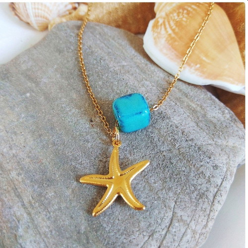 Handmade necklace with steel chain, starfish and turquoise porcelain cube, new
