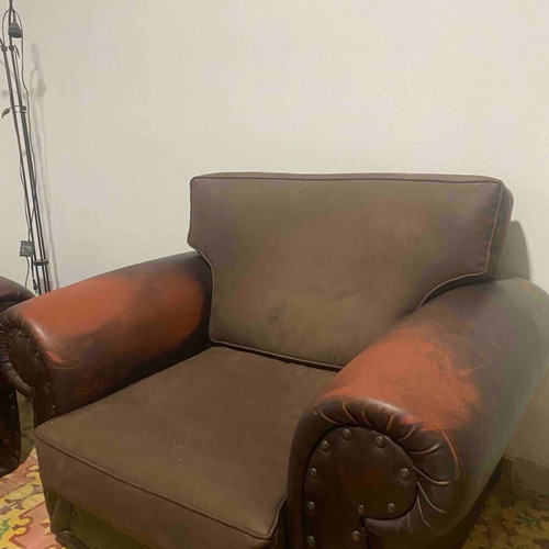 Leather antique sofa set used, 3 pieces with suede cushions