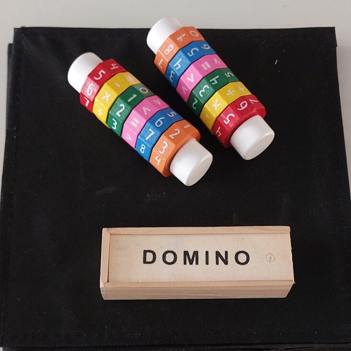 Black Fabric Storage Box 30x30x30 cm with Educational Toys and Wooden Domino like new