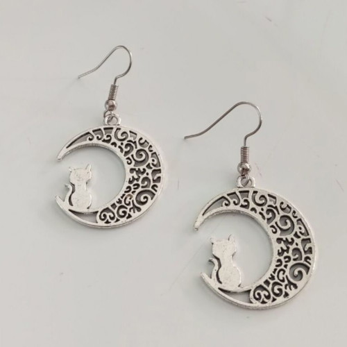 Cat and Moon Earrings new, stainless steel, silver color
