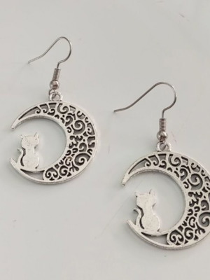 Cat and Moon Earrings new, stainless steel, silver color