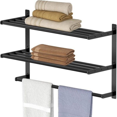 BETHOM double towel rack 80 cm, matte black, adhesive or screw mount