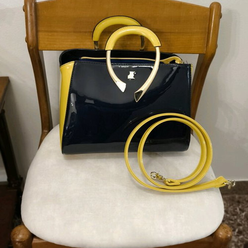 Jacques Esterel bag new, dark blue with yellow patent leather