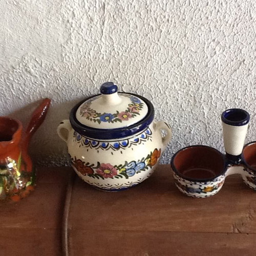 Vintage handmade clay kitchenware set used, 3 pieces from 1980s