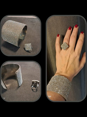 Bracelet and ring set made of steel with rhinestones like new