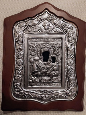 Εικόνα Παναγία η Μυρτιδιώτισσα σαν καινούργια, μέταλλο σε ξύλο 22x29 εκ.