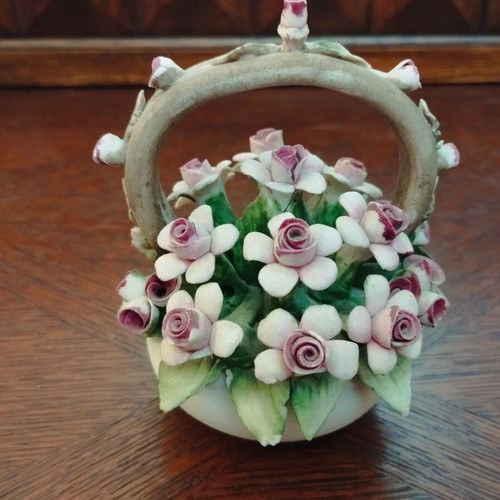 Vintage decorative basket with porcelain flowers Capodimonte style, like new