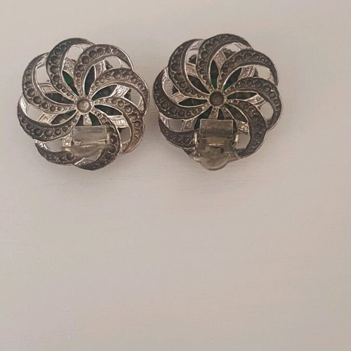 Vintage clip earrings silver used with green onyx
