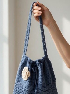 Handmade Crochet Drawstring Shoulder Bag Blue with White Flower