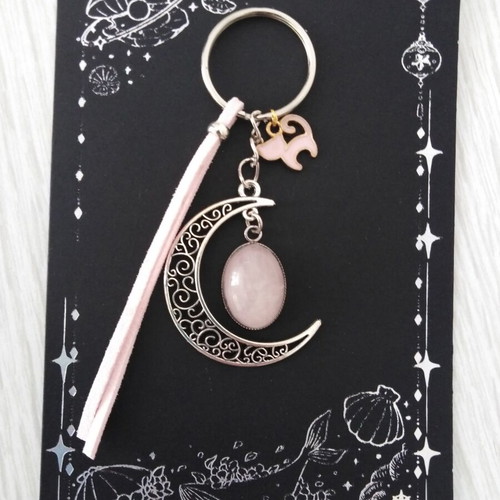 Handmade keychain with rose quartz and metal elements