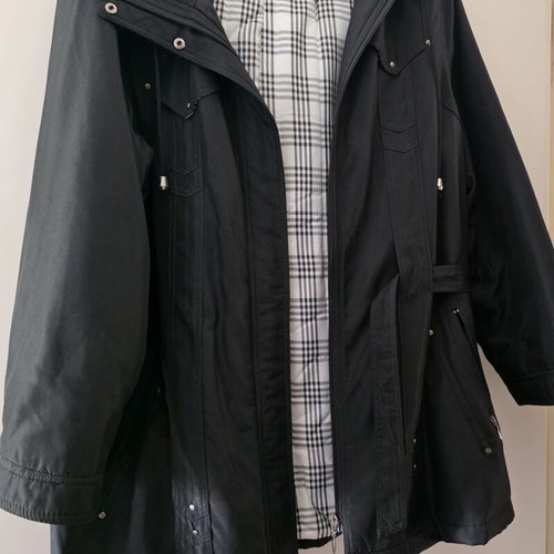 Women's black jacket halfcoat with hood and checkered lining like new, size M