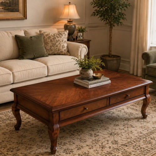 Classic wooden coffee table with glass top and 2 drawers