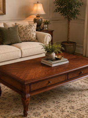Classic wooden coffee table with glass top and 2 drawers
