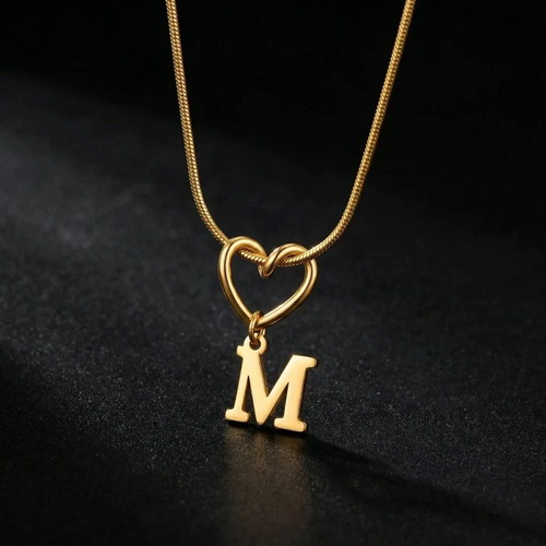 18K Gold Initial M Heart Necklace Stainless Steel New