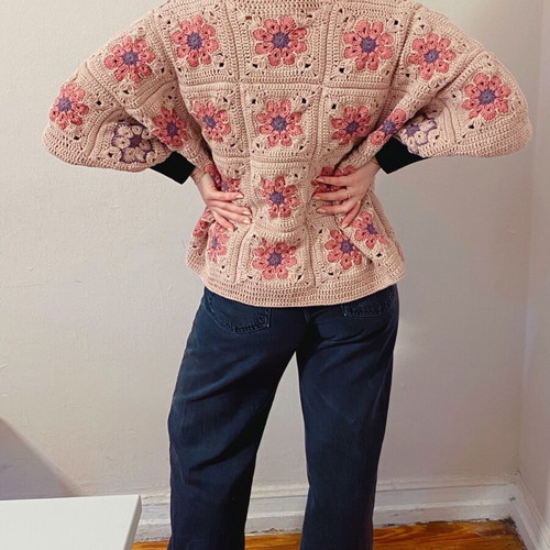 Knitted cardigan handmade new, grannysquare pink and purple