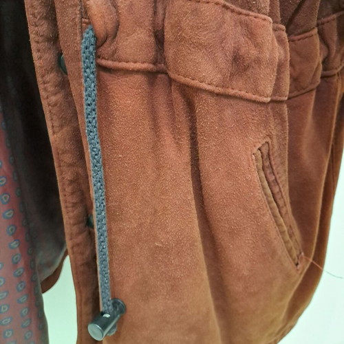 Men's suede jacket used, vintage brown-burgundy with hood, size M