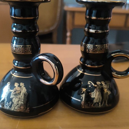 Vintage ceramic candle holders set with 24K gold, handmade in Greece, like new