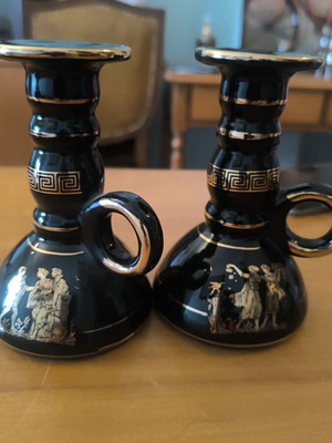 Vintage ceramic candle holders set with 24K gold, handmade in Greece, like new