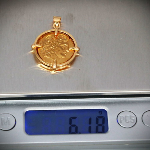 Ancient replica gold coin Alexander the Great 22K gold-plated pendant