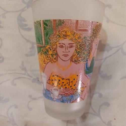 Loumidis Papagalos coffee promotional glass with G. Stathopoulos painting