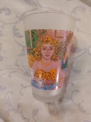Loumidis Papagalos coffee promotional glass with G. Stathopoulos painting