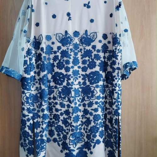 Handmade beige dress with blue embroidery and tulle, size XL
