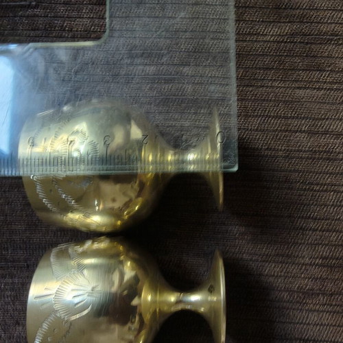 Vintage brass liqueur glasses set of 6 with engraved designs, handmade
