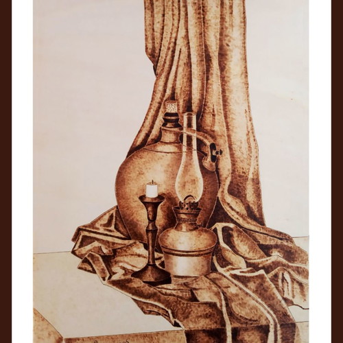 Still life pyrography painting on poplar wood by Triantafyllos Xanthopoulos