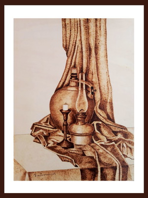 Still life pyrography painting on poplar wood by Triantafyllos Xanthopoulos