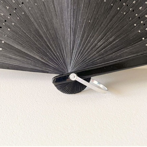 Handpainted fan used, black with floral design, wood and textile