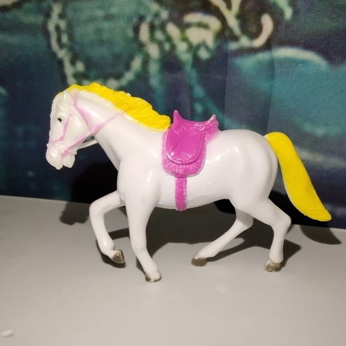 White Horse Figure with Yellow Mane and Pink Saddle used, 10cm