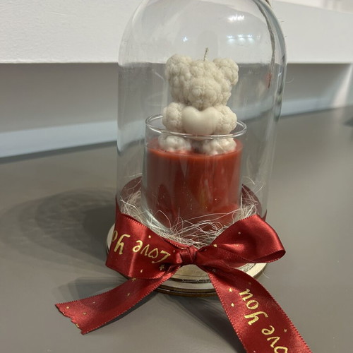 Decorative glass cloche with bear candle handmade