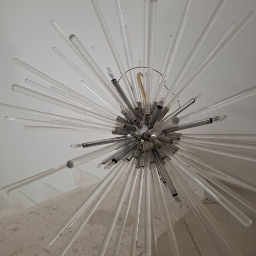 Sputnik style pendant lamp used, metal and glass chandelier