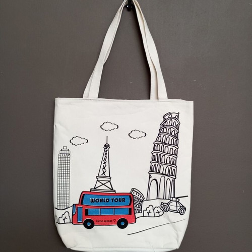 Tote bag "World Tour" fabric shoulder bag, white multicolor