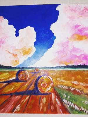 Acrylic painting Field with hay like new