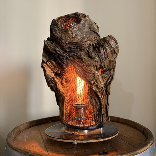 Handmade table lamp from natural wood with vinyl base & dimmer