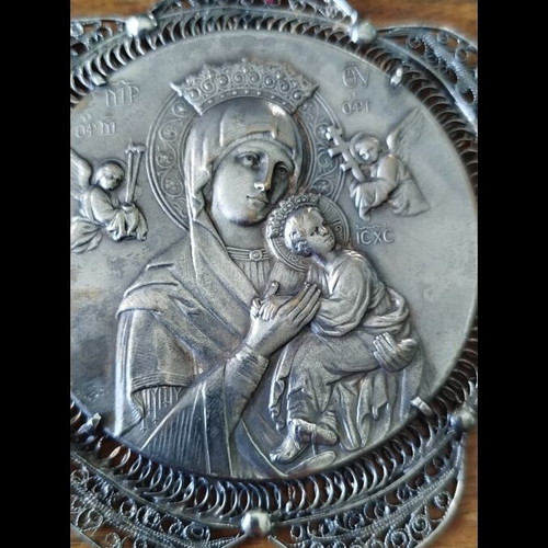 Old Silver Filigree Nativity Amulet with Virgin Mary and Jesus Christ, like new